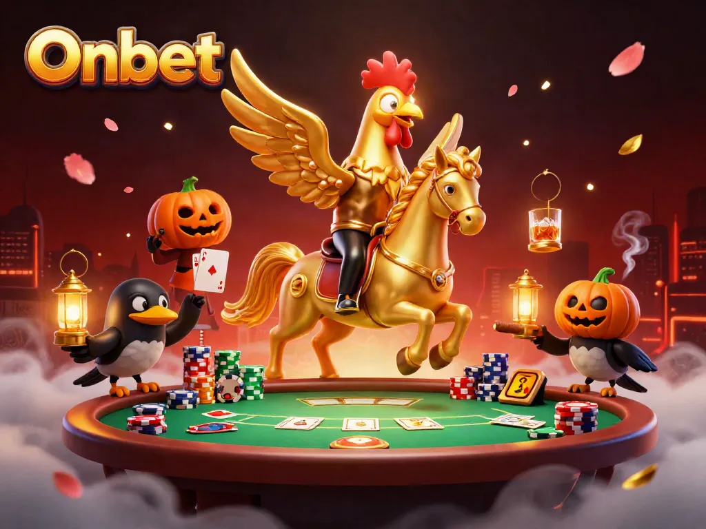 Join Onbet for a vibrant casino experience with our unique golden rooster character amidst poker action.