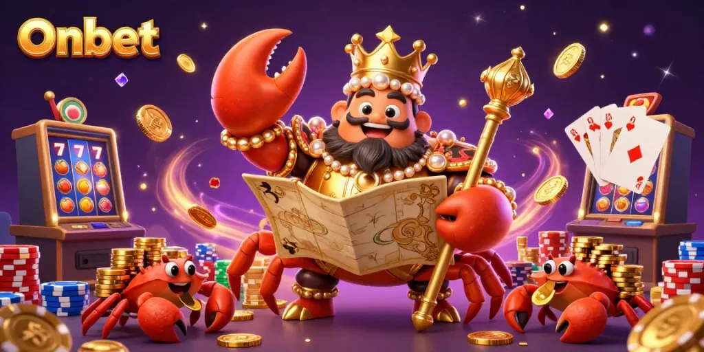 Onbet casino scene with a golden crab emperor, slot machines, and vibrant poker chips in action.