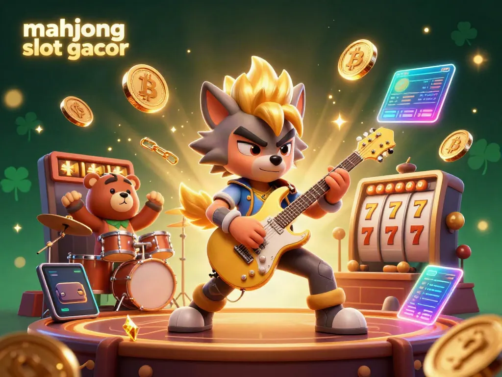 Experience the excitement of mahjong slot gacor with a vibrant scene featuring a rockstar wolf and a drummer bear on stage.