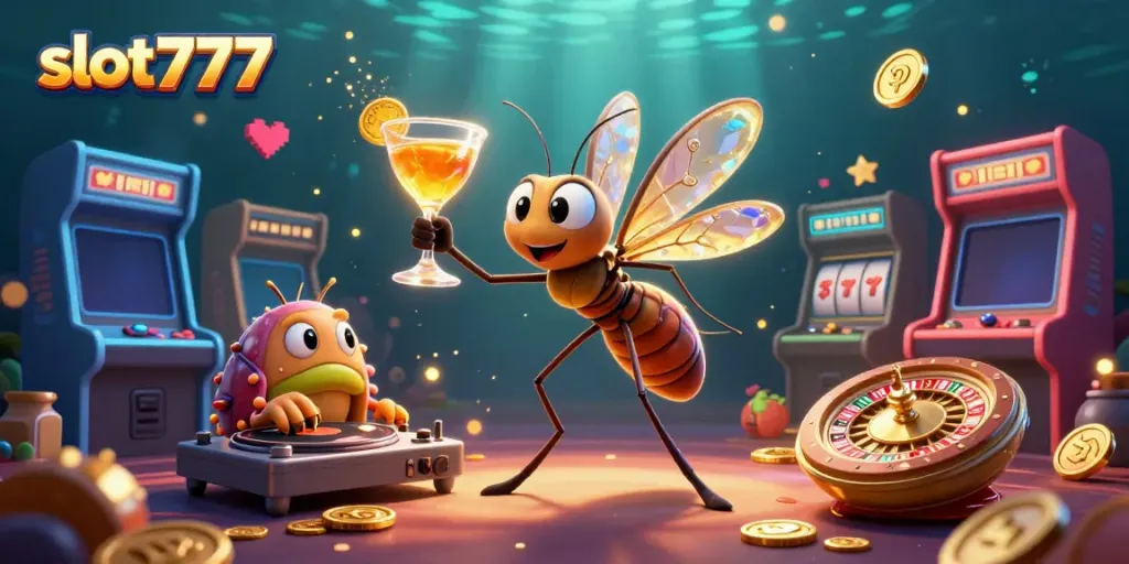 Experience captivating slot777 gameplay with a vibrant 3D cartoon casino scene full of action.