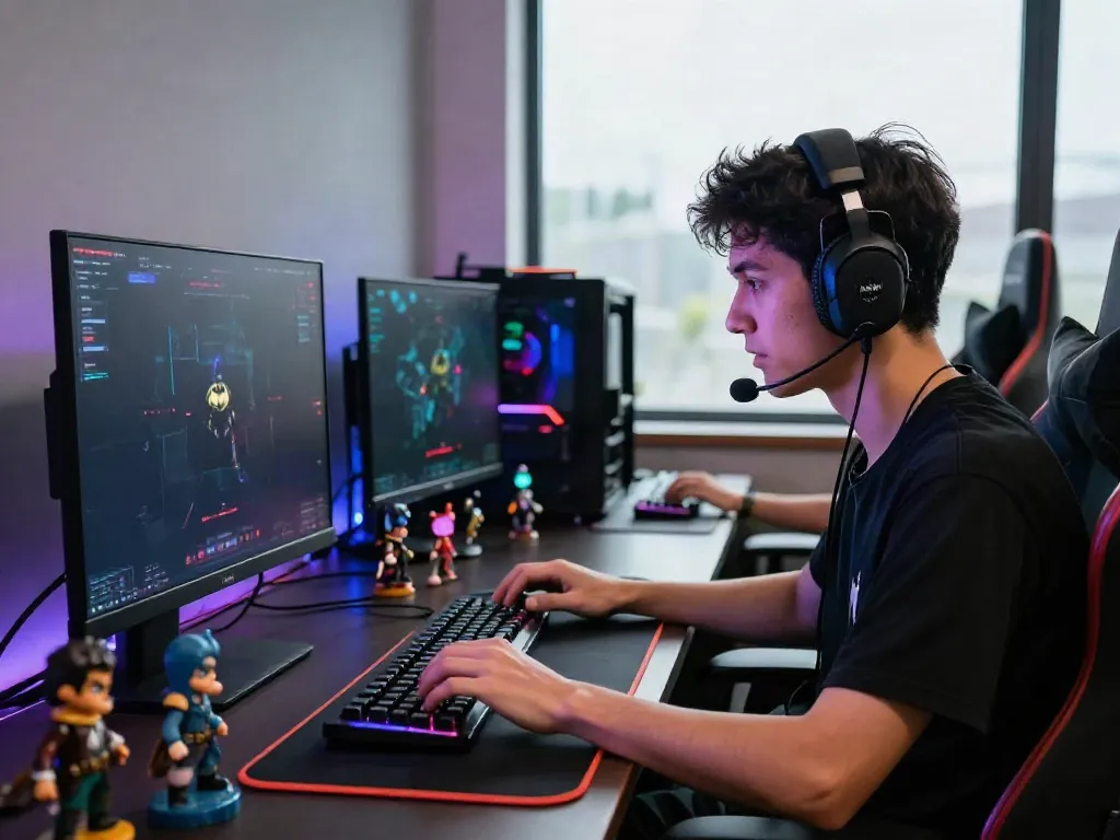 Gamer engaged in immersive gameplay on the Batman138 platform, with a modern gaming setup and vibrant RGB lighting.