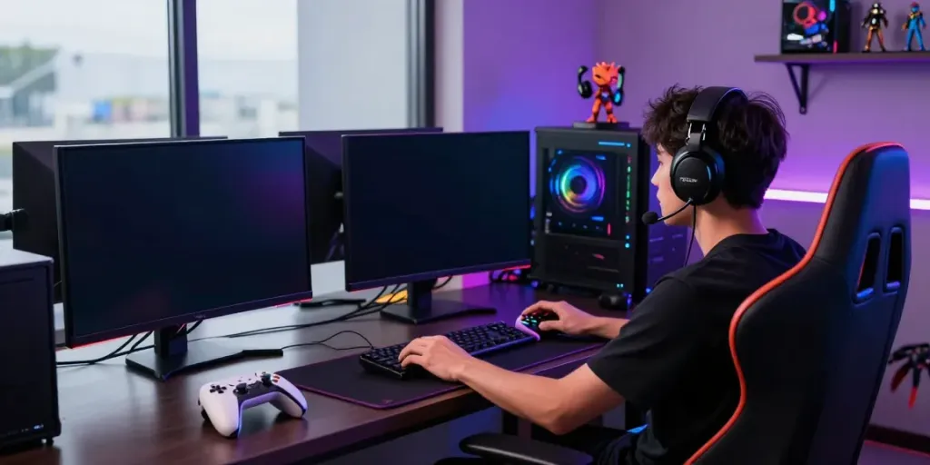 Player engaging with singatoto in a dynamic online gaming setup with vibrant screens and ambient lighting.