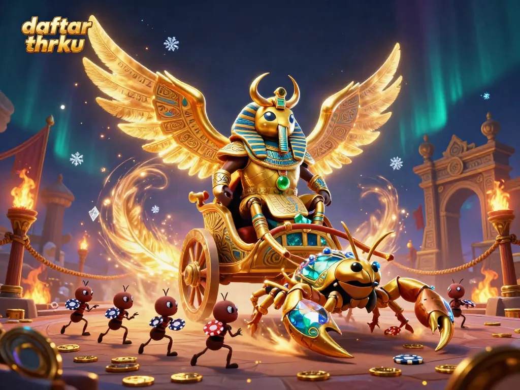 Engage in thrilling gameplay at daftar thrku with a vibrant casino scene featuring a golden scarab and scorpions.