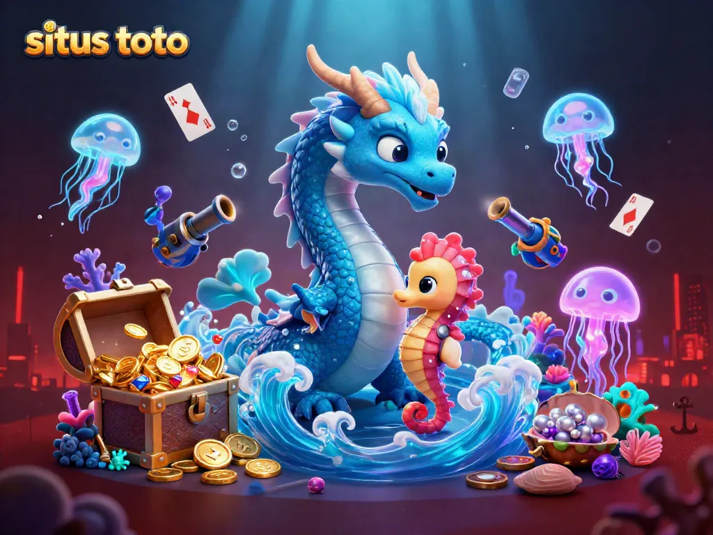 Experience the excitement of situs toto with a vibrant underwater theme showcasing a mythical dragon and knight.