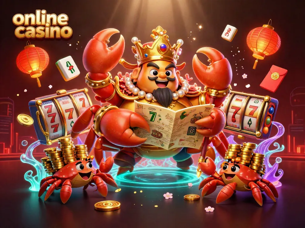 Engage with the vibrant online casino scene featuring a golden crab emperor and game elements.