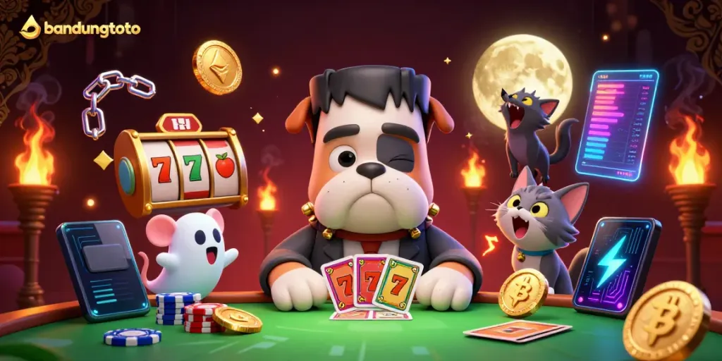 The Frankenstein bulldog at bandungtoto deals cards with ghostly elements, capturing an interactive casino scene.