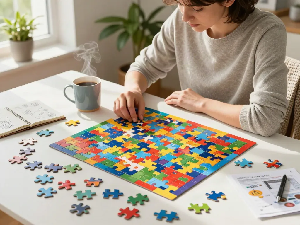 Individual solving a puzzlegrid.net puzzle at home with a vibrant grid.