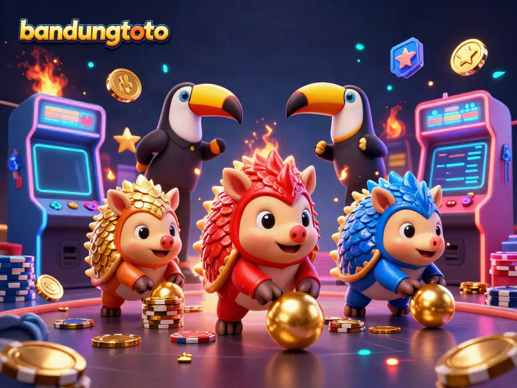 Bandungtoto's animated pangolins compete in a vibrant gaming scene filled with casino elements.
