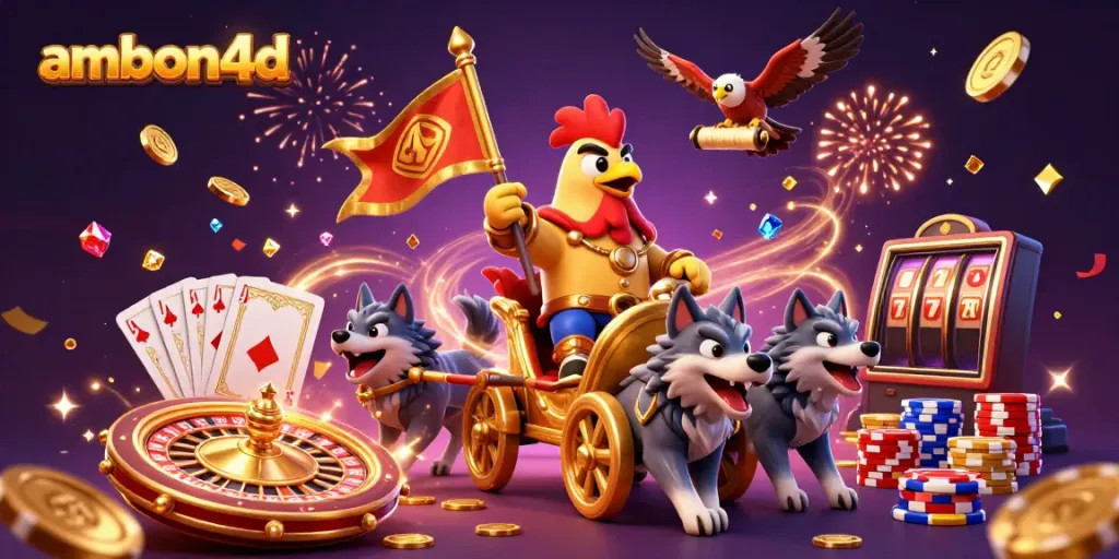 Experience adventures with ambon4d in a vibrant 3D casino scene filled with coins and jackpots.