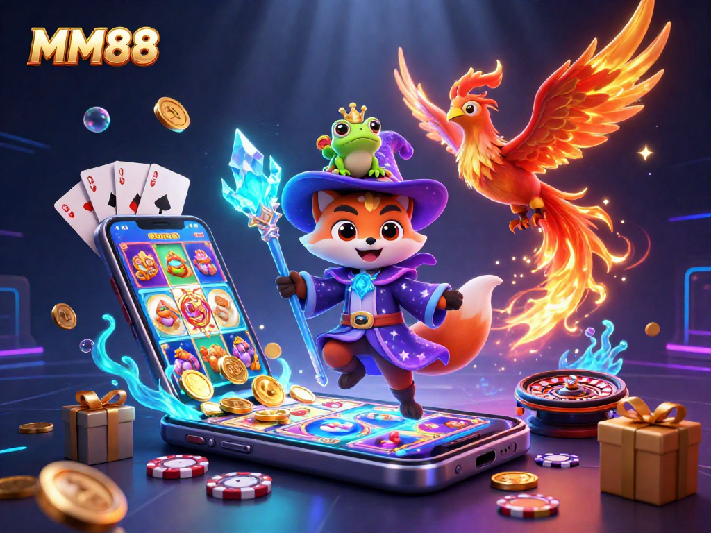 Experience the thrill of MM88 gaming with a magical 3D scene of a wizard, phoenix, and casino elements.