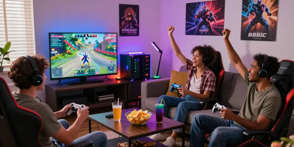 Friends enjoying a gaming night with qqmacan, celebrating victories and sharing snacks in a cozy room.