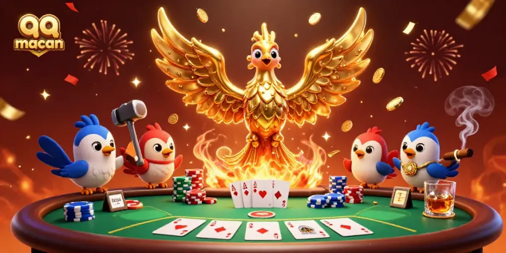 Engage with the golden phoenix and poker elements in this dynamic qq macan casino scene.