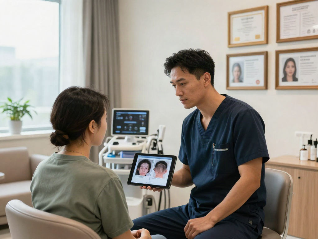 Hair transplant turkey price consultation with patient and surgeon in a modern clinic environment.