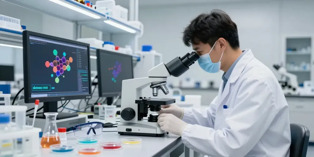 Scientist examining adamax 1032 peptide samples in high-tech lab.