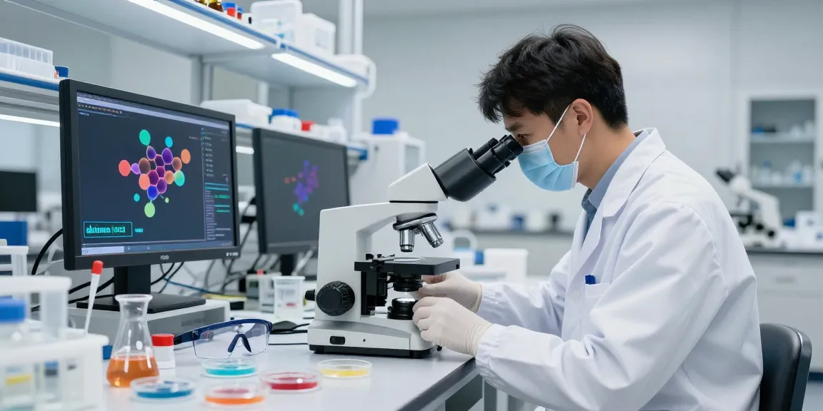Scientist examining adamax 1032 peptide samples in high-tech lab.