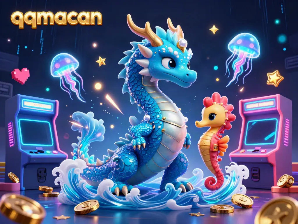 Play exciting games on qqmacan with a vibrant dragon and seahorse knight amidst animated gaming elements.