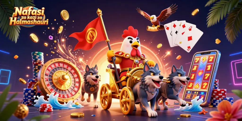 Nafasi za kazi za Halmashauri lively scene showcasing a rooster warlord with casino elements and golden treasures.