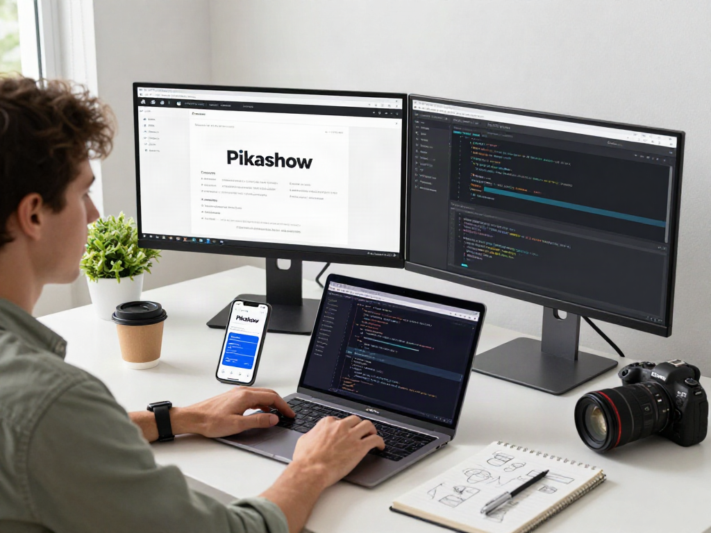 Pikashow apk download displayed on dual monitors in a modern home office, user engaged with tech.