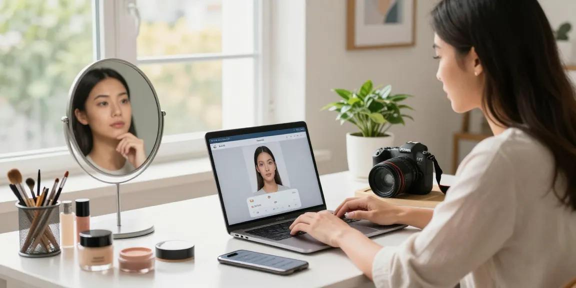 Person analyzing how old do I look using a laptop and beauty products in a bright home office.