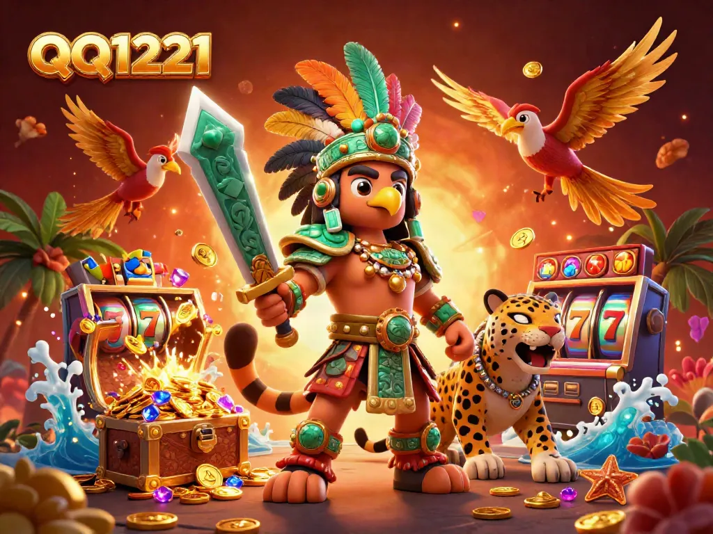 Experience thrills with QQ1221 as Aztec warriors uncover treasure in a vibrant casino scene.