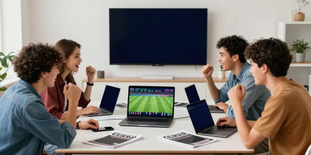 Excited individuals participating in Taruhan Bola DewaGG at a modern betting environment, showcasing their engagement with live sports.