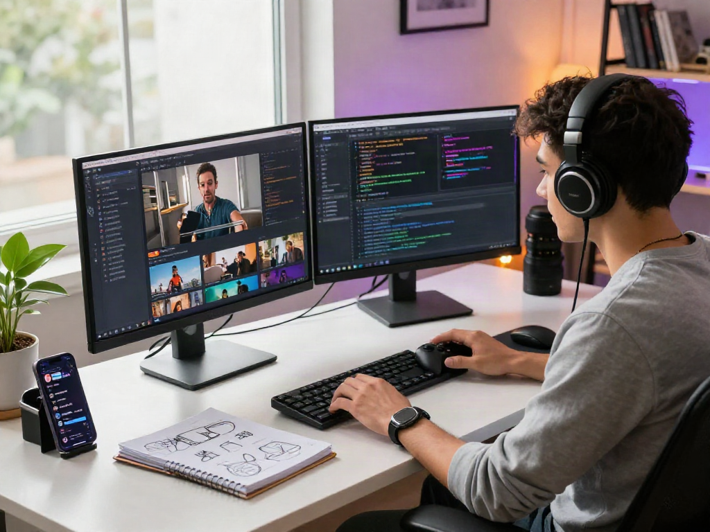 Engaging workspace featuring pikashow streaming and coding setup with vibrant tech elements.