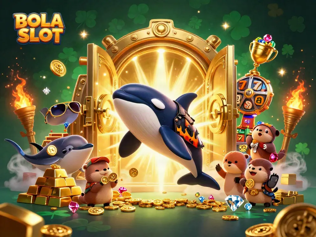 Experience thrilling gameplay with BOLA SLOT, featuring lively characters, gold, and slot symbols.