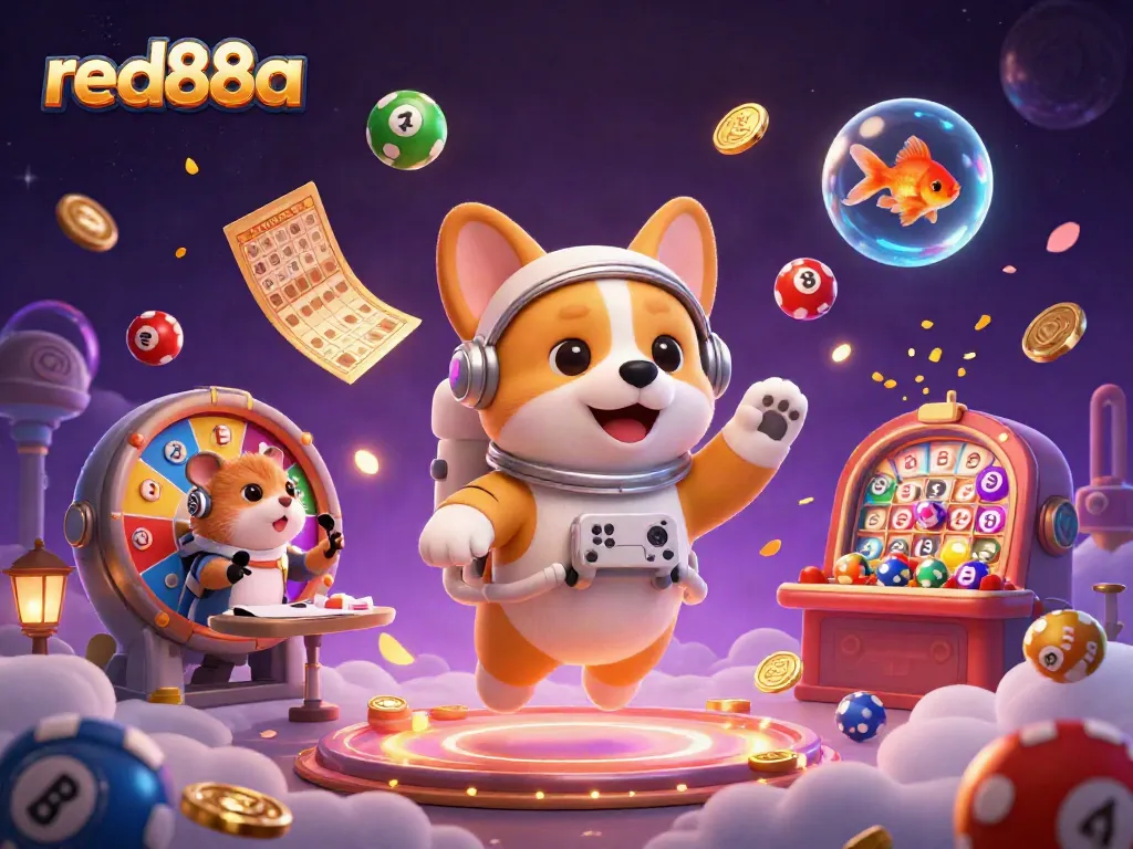 Experience the excitement of red88a with a floating 3D cartoon scene filled with casino elements.