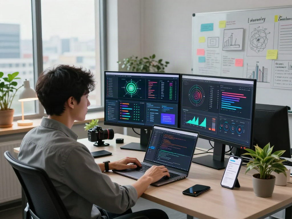 AI Detection in tech workspace with data analyst engaging with dual monitors
