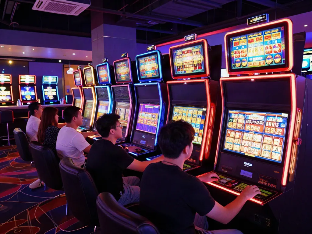 Pengalaman bermain slot777 di ruang permainan kasino yang penuh warna.