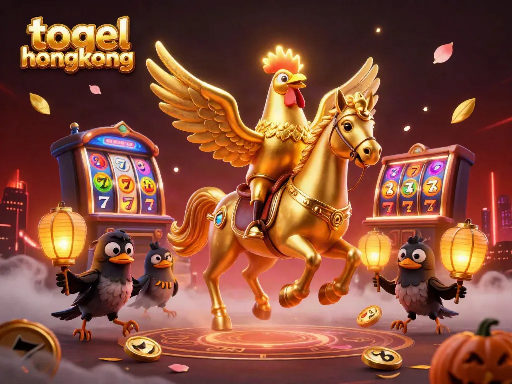 Menggambarkan togel hongkong, ayam jantan emas yang membawa kepalanya sendiri berkendara di kasino malam.