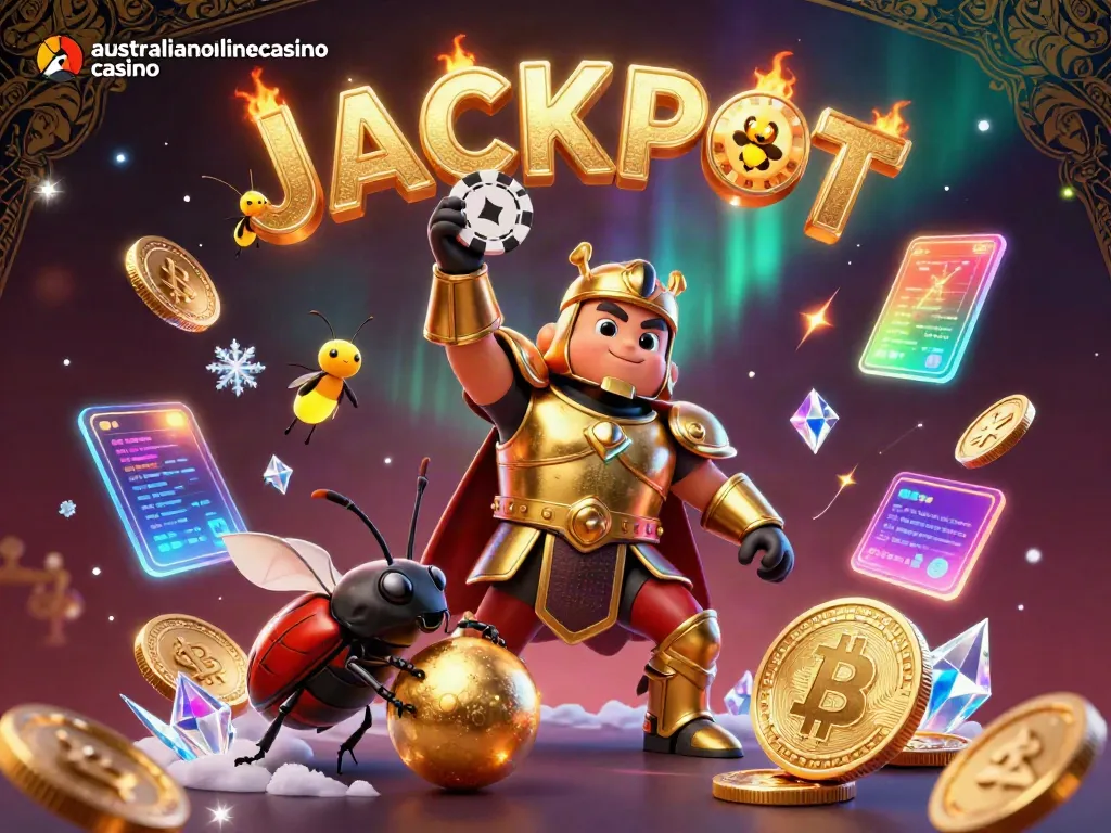 Celebrating wins at australianonlinecasino casino with a heroic beetle and golden treasures.