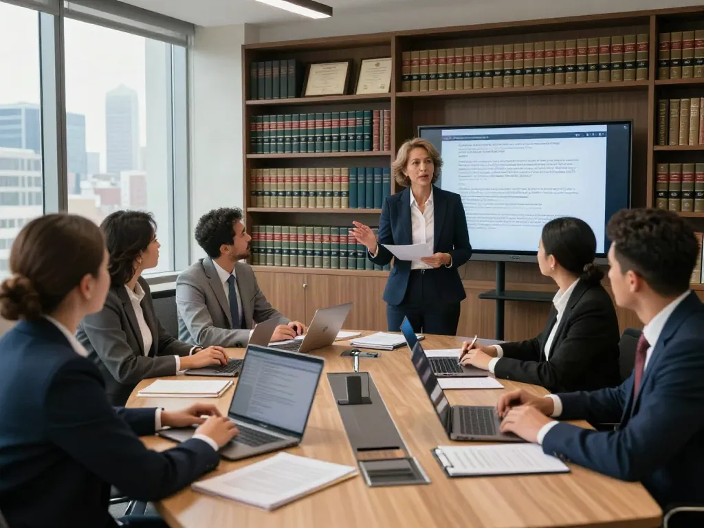 Lead Roedl team of legal professionals engaged in a collaborative meeting in a modern law office.