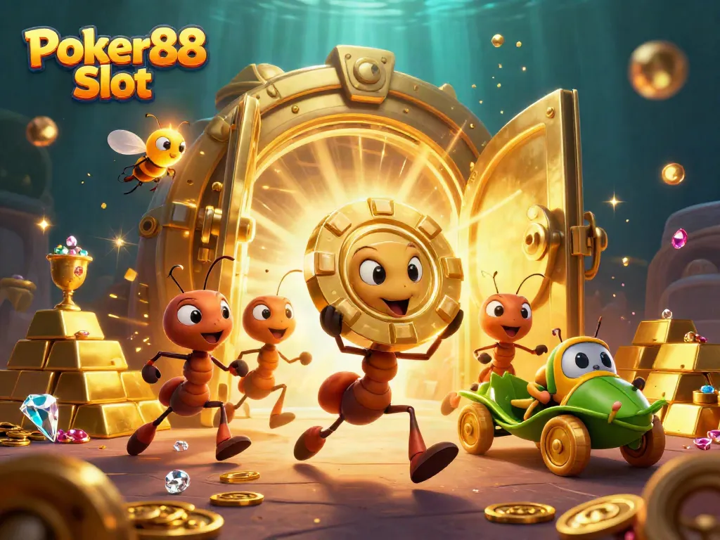 Engage in thrilling gameplay with Poker88 Slot, featuring vibrant cartoon ants carrying a giant poker chip.