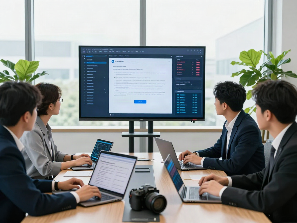 Team discussing a document fraud detection solution in a bright office, showcasing professional collaboration and technology.