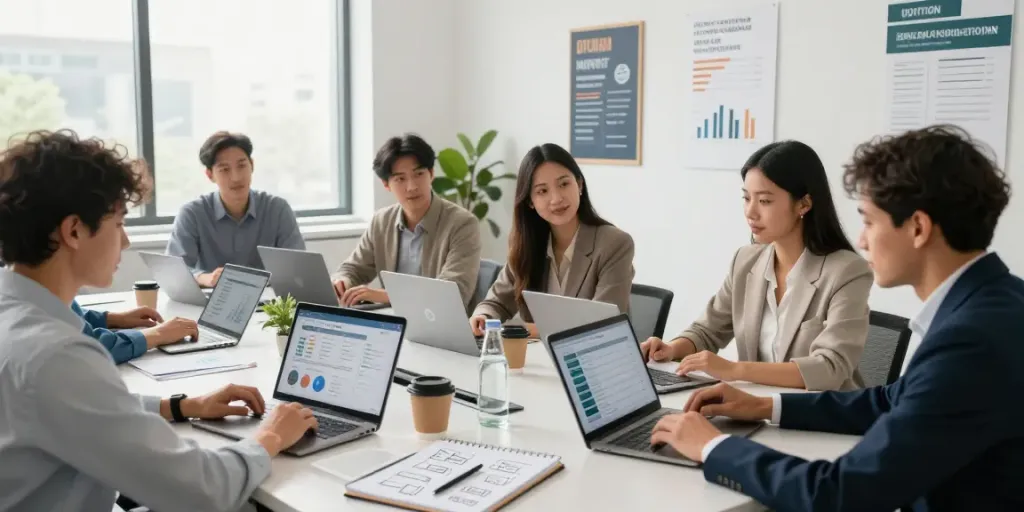 Team collaborating in a bright office discussing recommended SEO expert for small businesses.
