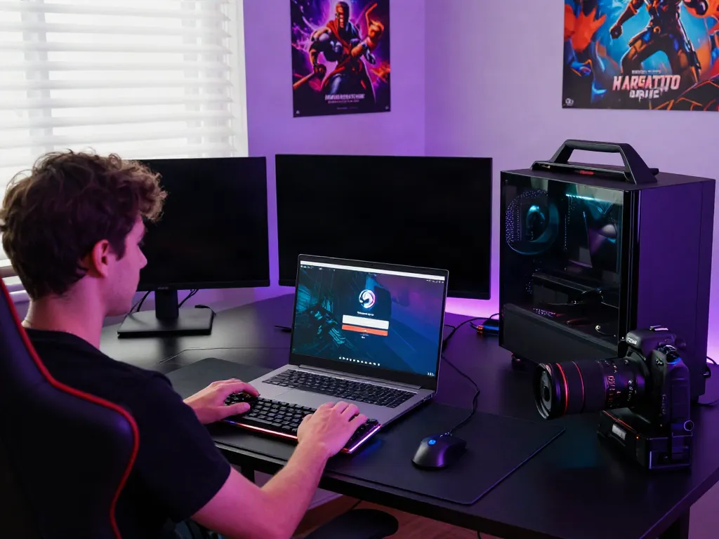 User engaging with HARGATOTO login page in an immersive gaming setup, showcasing vibrant colors and accessories.