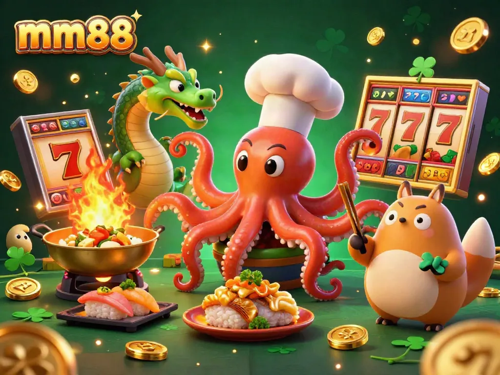 Celebrate your wins at mm88 in this dynamic illustration of a sushi chef octopus and dragon igniting the casino vibe.