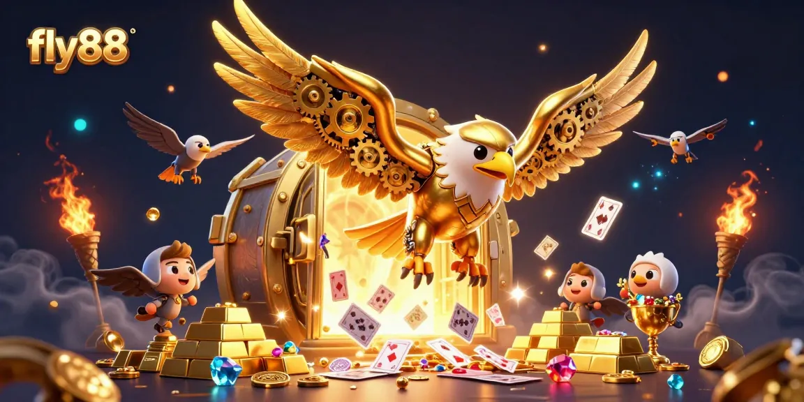 Experience the excitement of fly88 with a golden eagle diving through holographic cards and treasures.