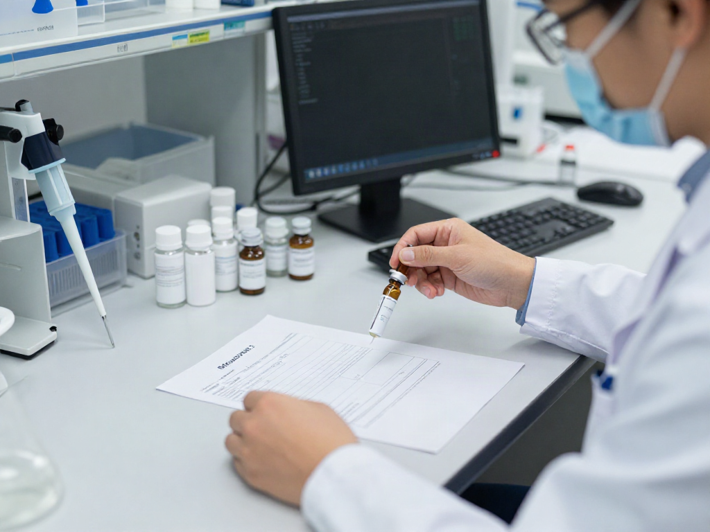 Scientist preparing Melanotan 2 for sale with COA in a lab.