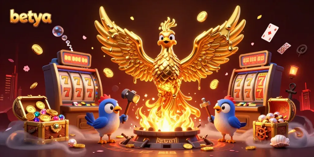 Experience exhilarating wins at betya casino with a phoenix and gold treasure in a captivating illustration.