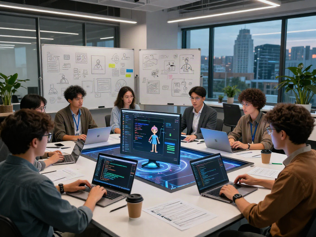 Character AI NSFW team collaborating on innovative algorithms in a modern office.