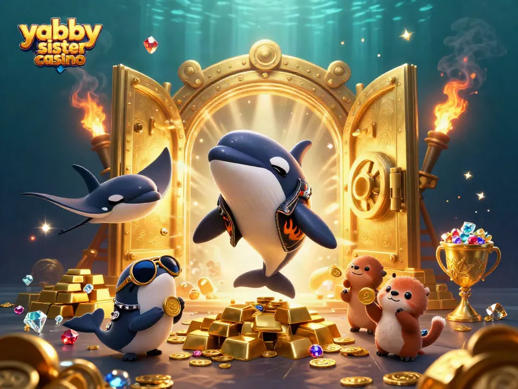 Experience winnings at the yabby sister casino with animated sea creatures celebrating alongside gold treasures.