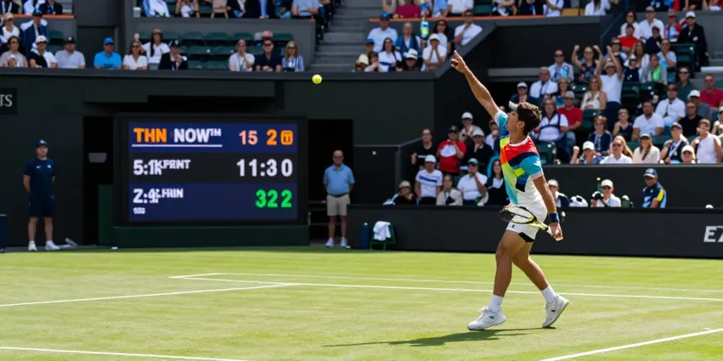 Real-time tennis API capturing live match action with player serving, vibrant crowd cheering, and bright scoreboard displaying scores.