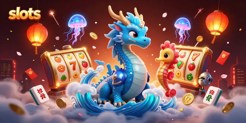 Experience the thrill of slots with a colorful fantasy scene featuring a azure water dragon, seahorse knight, and vibrant slot elements.