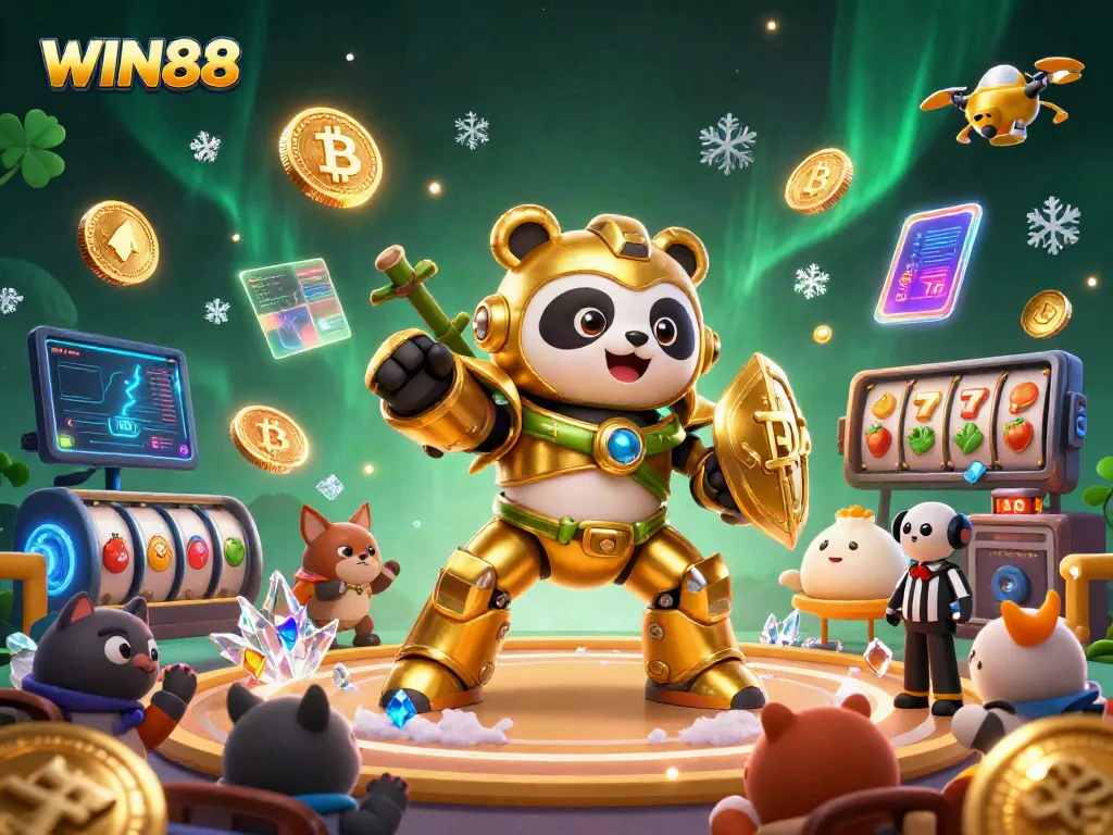Experience the excitement of WIN88 with a 3D mech-suit panda in a vibrant casino arena.