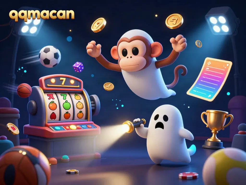 Engage in thrilling games at qqmacan as golden coins and slot reels cascade in a haunted casino.