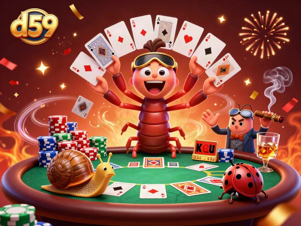Experience thrilling gameplay at d59 with a vibrant 3D casino scene featuring unique characters and a dynamic poker table.