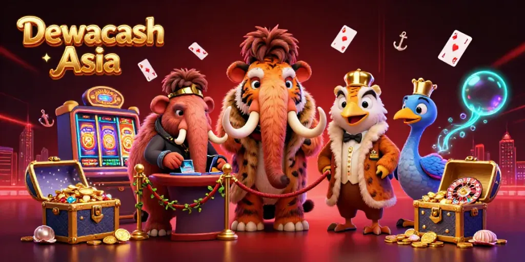 Dewacash Asia casino scene with cartoon characters, vibrant gaming elements, and sparkling treasures.