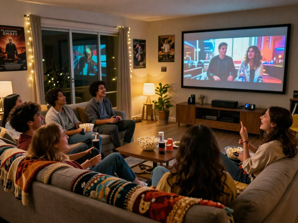 Group of friends enjoying a Moviebox night in a cozy home theater setting, surrounded by popcorn and movie memorabilia.